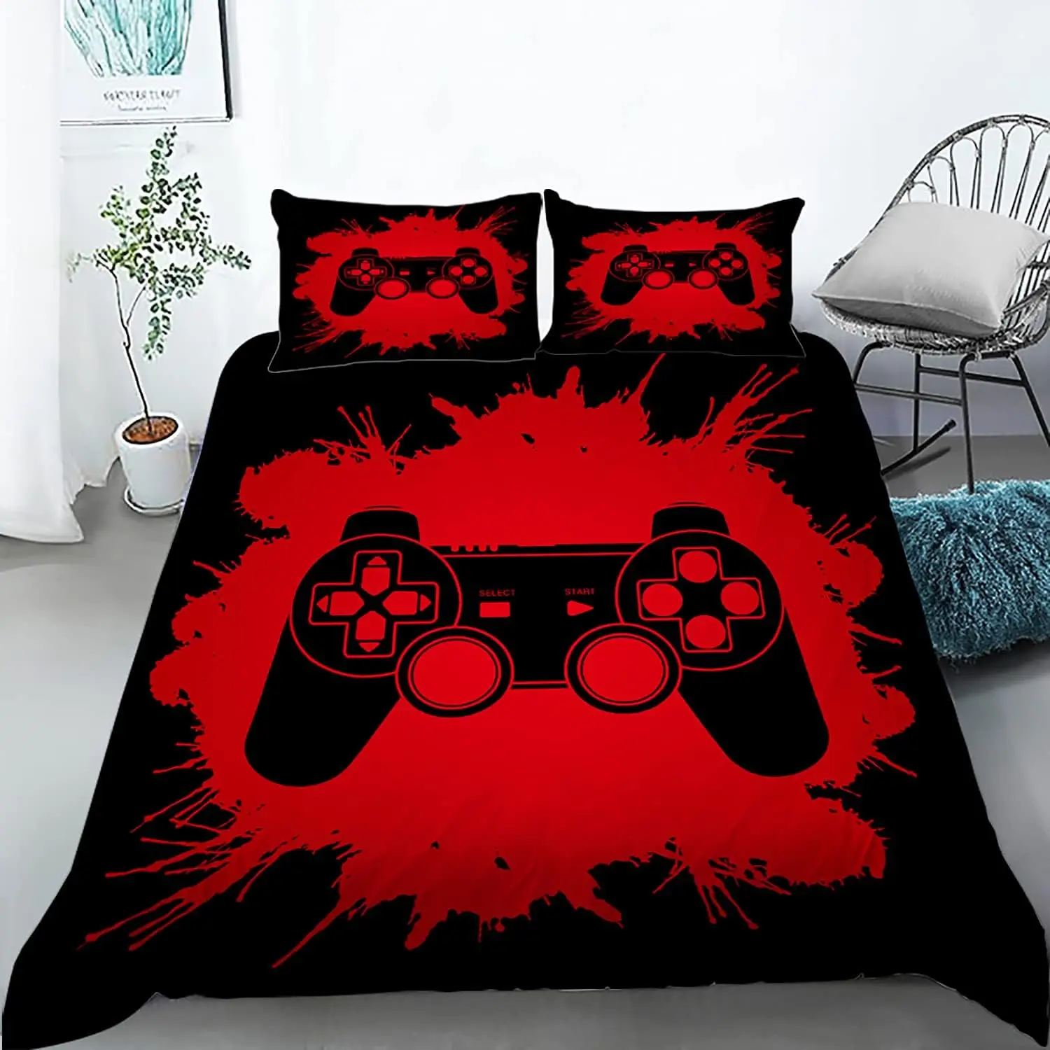 

King Size Gamer Duvet Cover Set Video Games Theme Modern Gamepad Pattern Comforter Bedding for Kids Teens Boys Game Room Decor