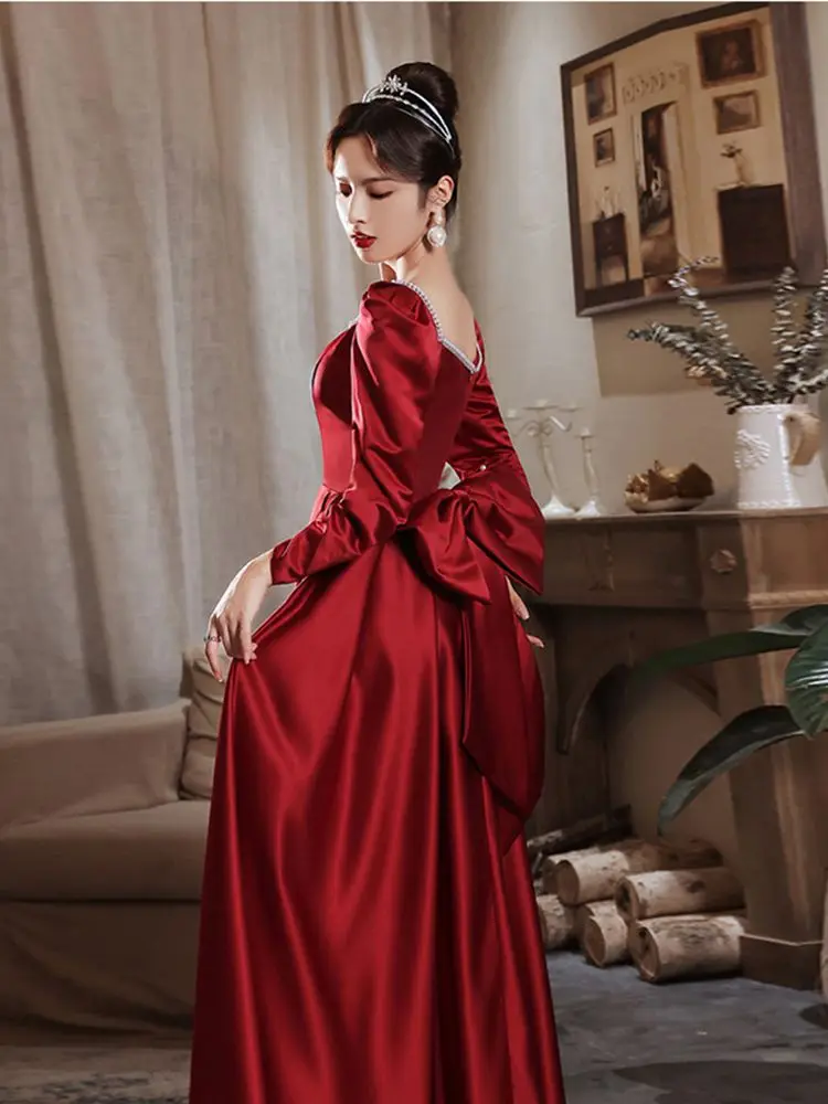 Elegant Square Neck Long Sleeve Evening Dress Burgundy Satin Back Big Bow Sweet Princess Empire A-line Long Homecoming Gonws