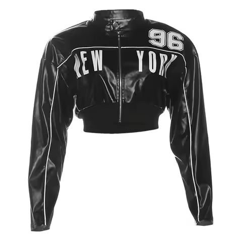 Weird Puss PU Patchwork Women Jacket Letter Print Hipster Button Zip Full Sleeve Trend Cool Street  Spring Outwear Crop Coat