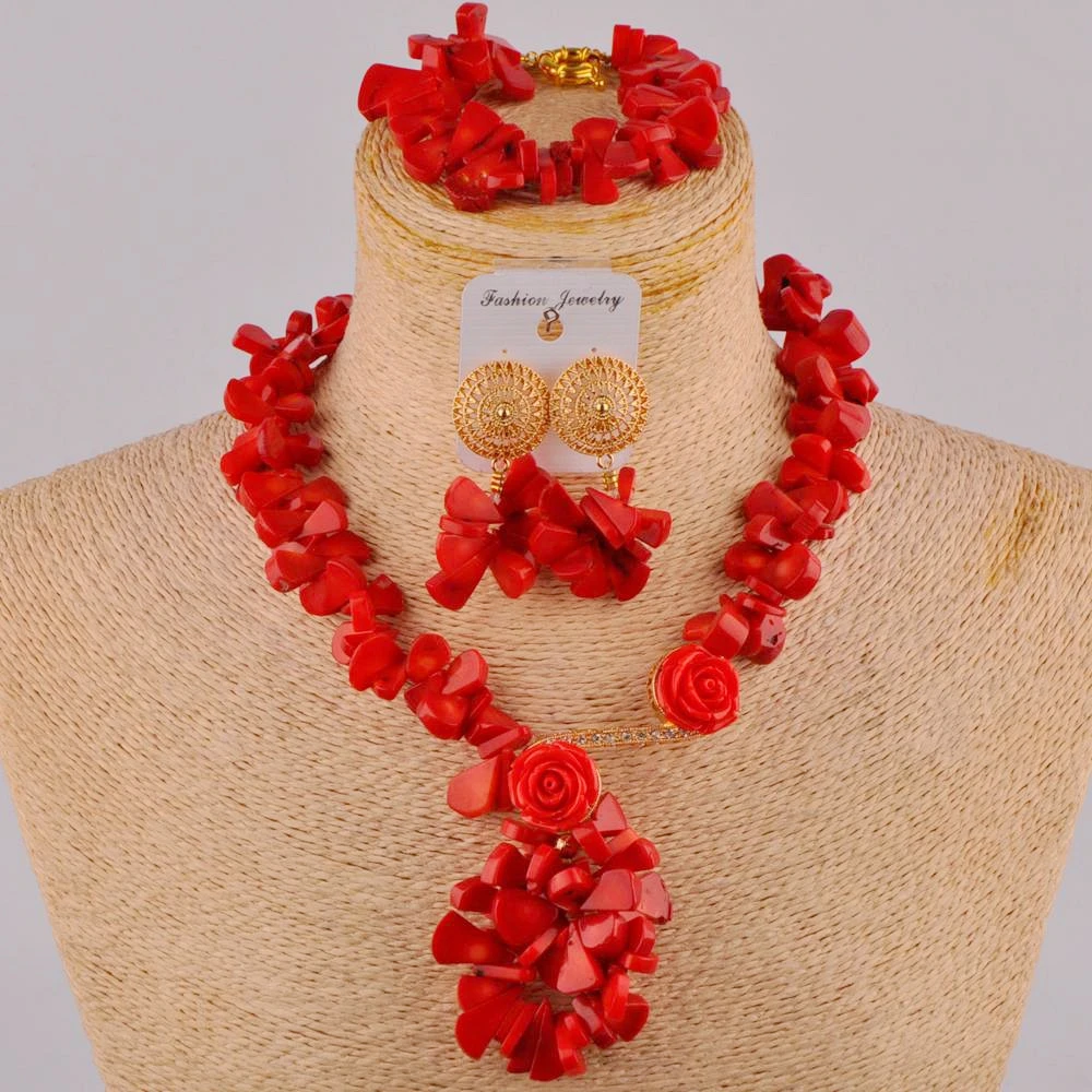 

Red Coral Jewelry Set Nigerian Wedding African Beads Bridal Necklace