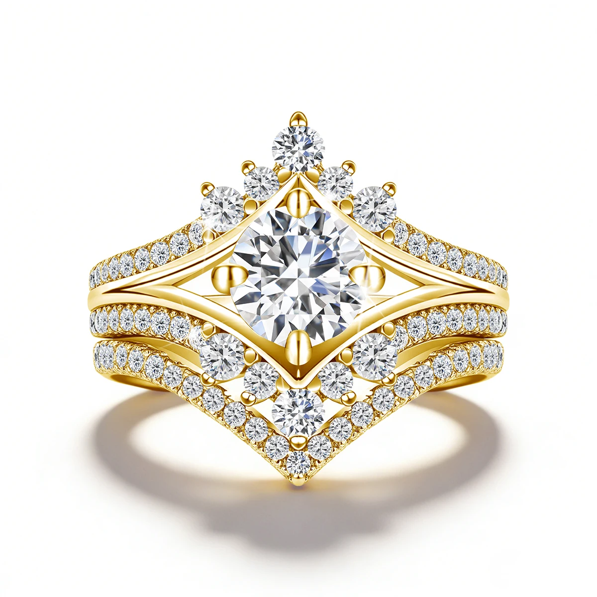 

18k Gold Plated 925 Sterling Silver Round Cut Moissanite Wedding Ring Set Luxury High-end Crown for Women Weddings Engagement
