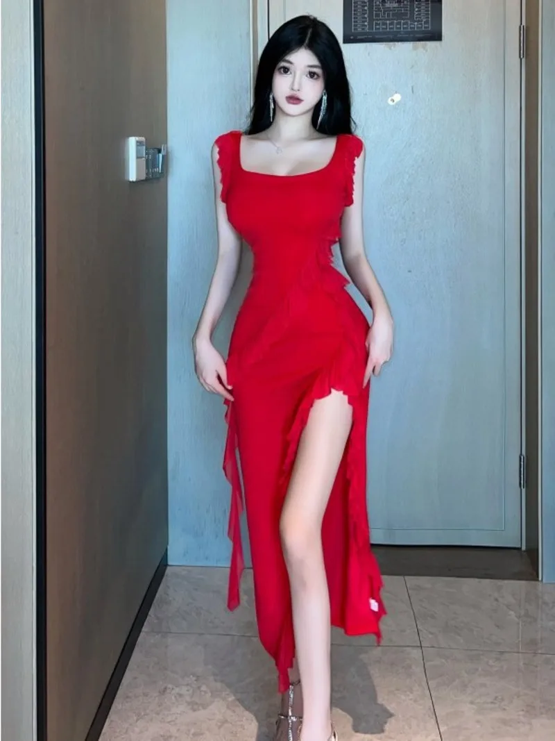 Red Dress Elegant Long Dresses Sexy Square Collar High Waist Thin Ruffle High Split Strap Dress Fashion Sweet Korean Women E8MR