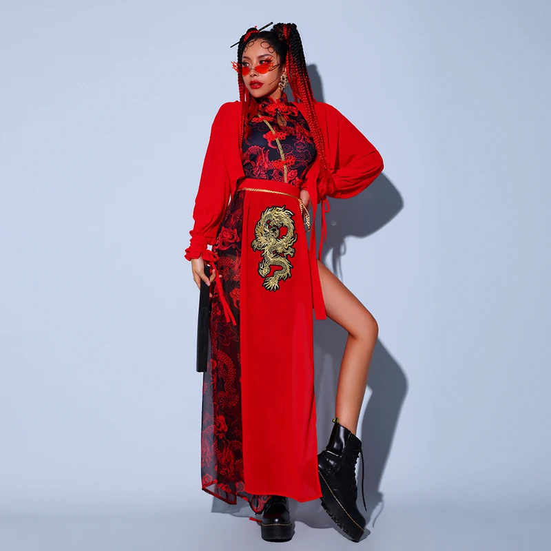 Chinese Style Women\'S Jazz Performance Clothes Red Festival Outfits Hip Hop Clothes For Adults Gogo Dance Stage Costumes