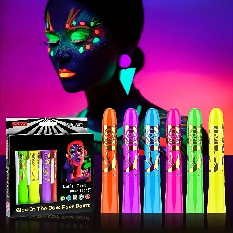 6pcs UV Black Light Face Paint Crayons Kit Neon Body and Face Makeup Sticks for Mardi Gras and Halloween Costume Parties Unisex