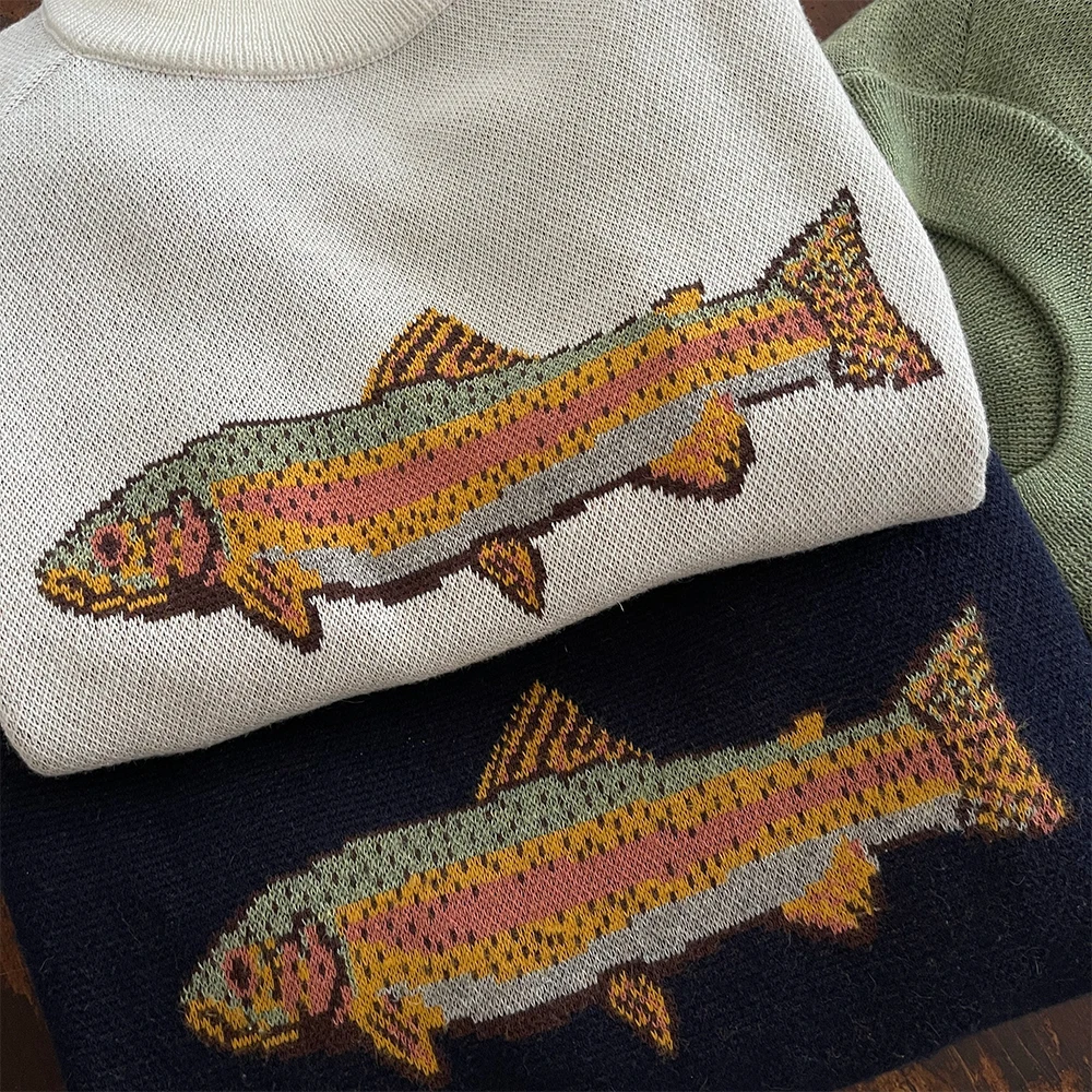 

Women Autumn y2k Vintage Contrast Fish Sweaters Long Sleeve Crew Neck Ribbed Knitted Pullover Warm O-neck Sweaters Casual Tops
