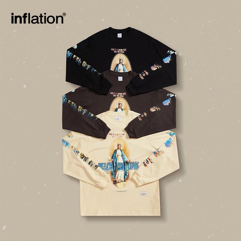 INFLATION Streetwear Oversize T-shirts Men Spring Long Sleeve Tees Unisex High Street Graphic Tops Plus Size 2473S23