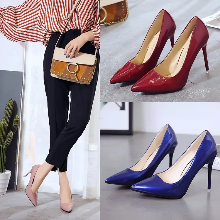 HOT Plus Size 34-44 HOT Women Shoes Pointed Toe Pumps Patent Leather Dress High Heels Boat Shoes Wedding Shoes Zapatos Mujerde39