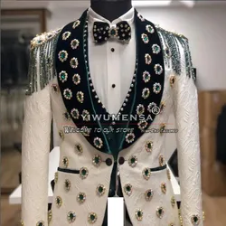 Unique Design Wedding Groom Tuxedos Slim Fit Crystals Beaded Lapel Floral Jacket Vest Pants 3 Pieces Men's Suits Prom Blazers