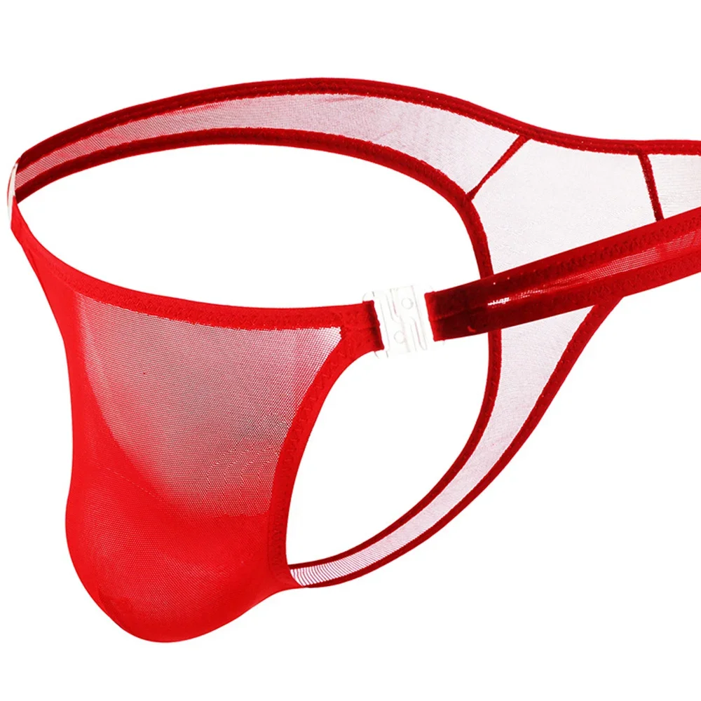 ชุดชั้นในเซ็กซี่ชายฤดูร้อนตาข่ายโปร่งใส Low Rise U กระเป๋านูน T กลับทองสีทึบปุ่มปรับเข็มขัด Pantie