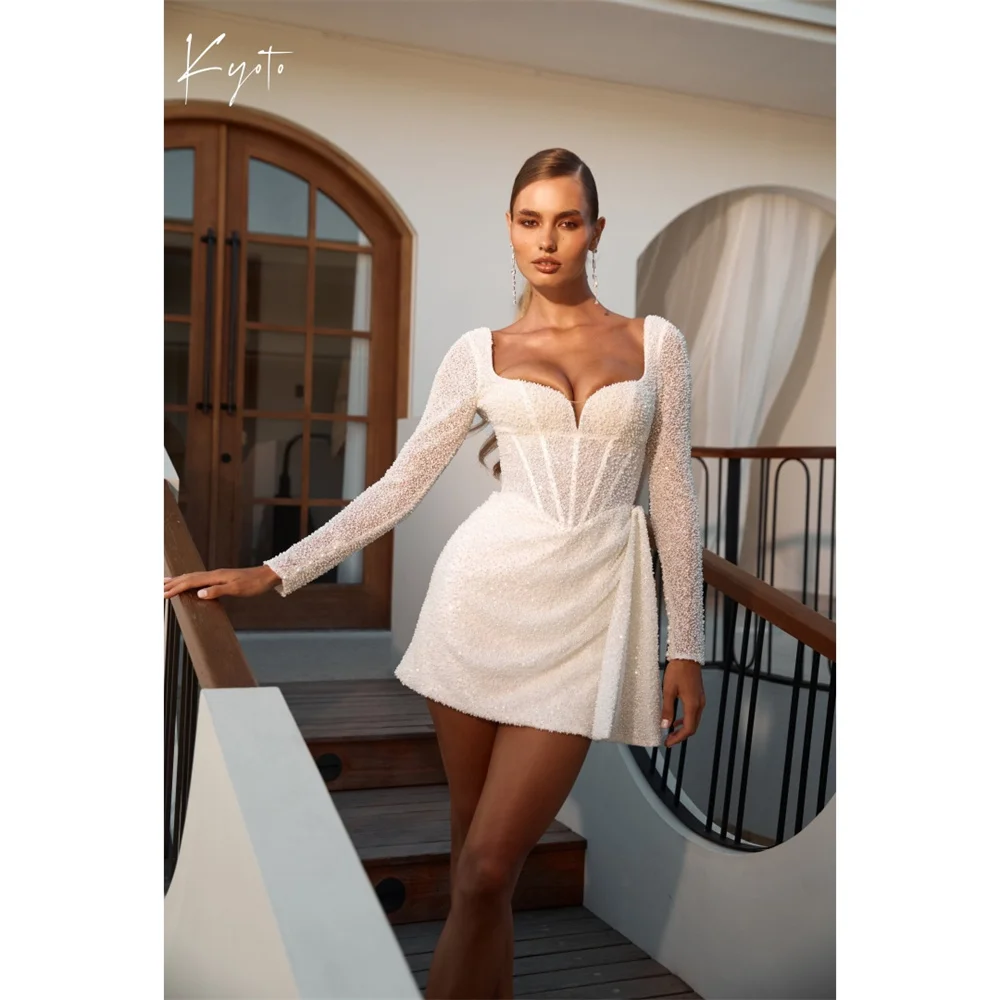 교토 맞춤형 화이트 스위트하트 넥라인 웨딩 드레스 지퍼 백 롱 슬리브 미니 A라인 이브닝 드레스 2025