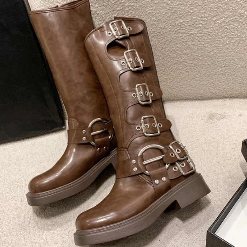 Women's Boots Knee High Elegant Middle Heels Trend Belt Buckle Punk Rock Leather Women's Shoes Retro Brown Motorcycle Boots