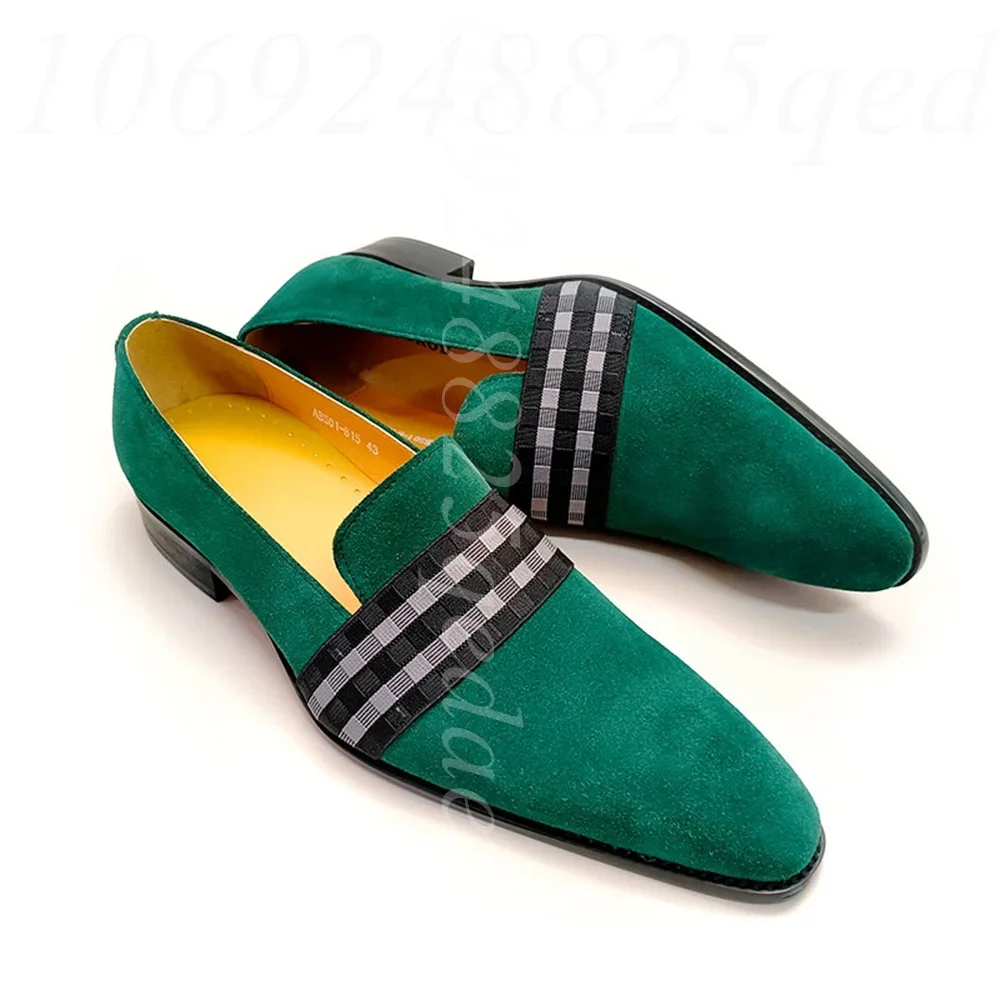 Men's Suede Leather Striped Loafers Tan Green Slip-On Dress Shoes with Plaid Band for Formal Business & Retro Casual Daily Wear
