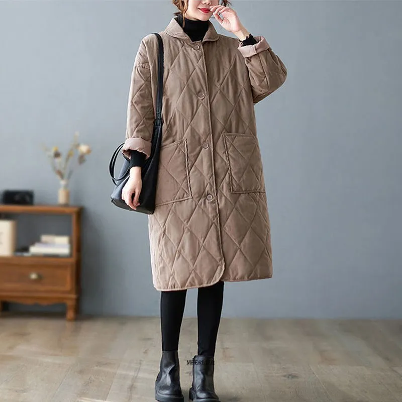 Large Size 4XL 110kg Winter Clothes Black Color Women\'s Cotton Clothing Turn Down Collar Jackets And Coats For Women