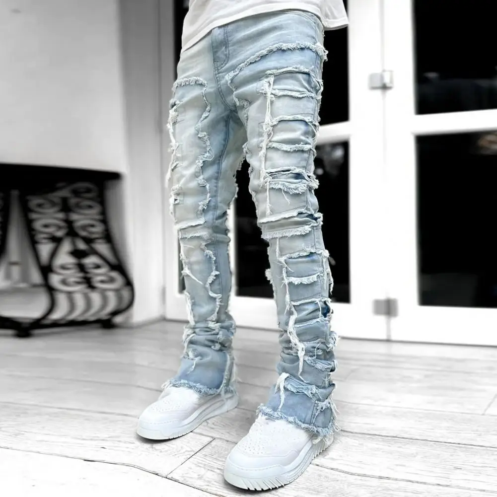 

2024 Spring Summer New Men's Clothing Fashion Solid Color Elastic Patch Denim Straight-Leg Pants Jeans