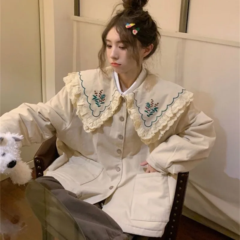 Mori Girl Style Vintage Sweet Winter Jackets Double Layer Doll Collar Lace Edge Embroidery Loose Casual Women Coats Chic Outwear