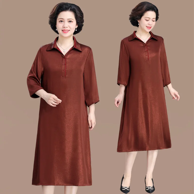 

plus Size Summer Dr Long Sle for Plump Mom Faionable Loose Fit Button Detail Collar Polyester Blend Thin Material