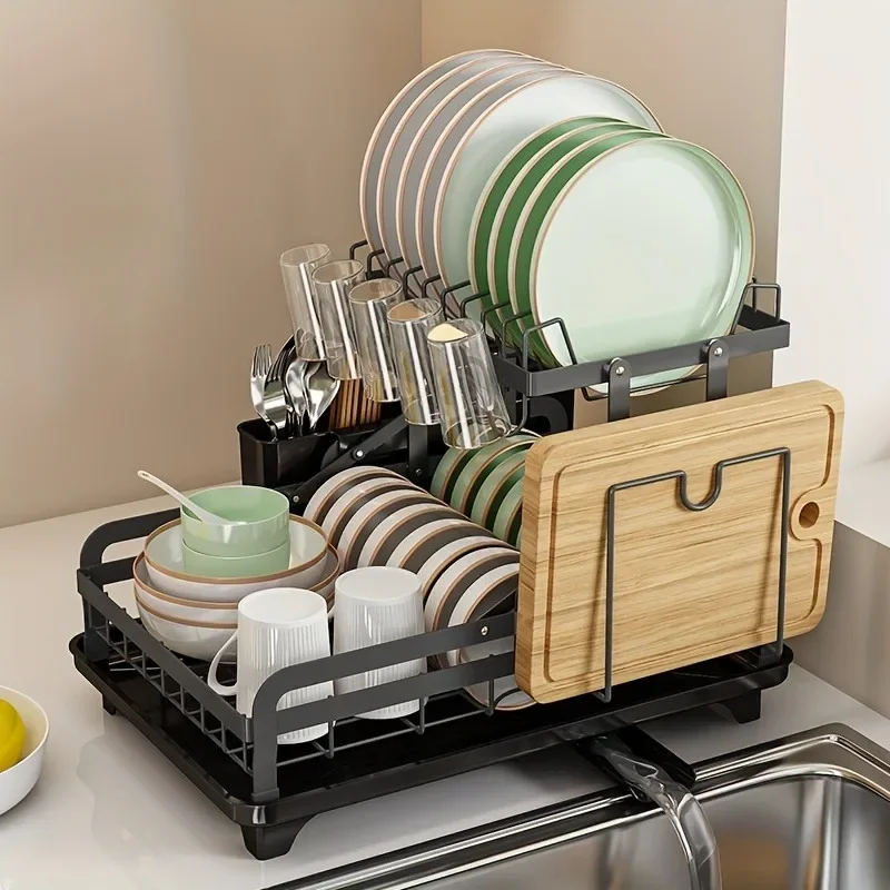 2 Tier Dish Drying Rack Kitchen Sink Organizer Chopstick Holder with Drain Basket Countertop Dinnerware Organizer Drainboard