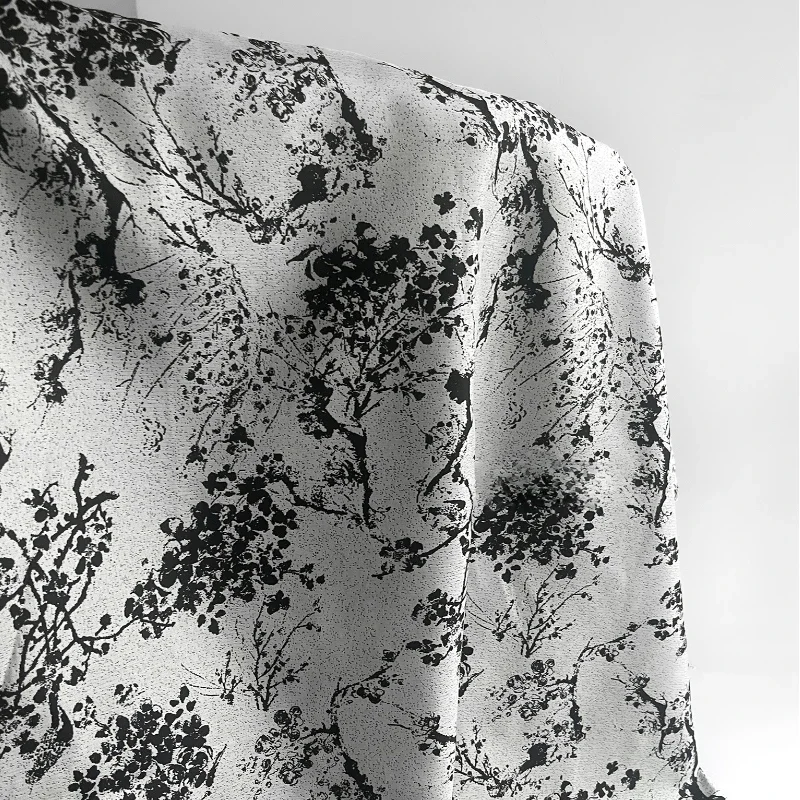 Grey and White Splashed Ink Plum Blossom Silhouette Jacquard Fabric Chinese Style Half Body Skirt and Pants Clothing Fabric