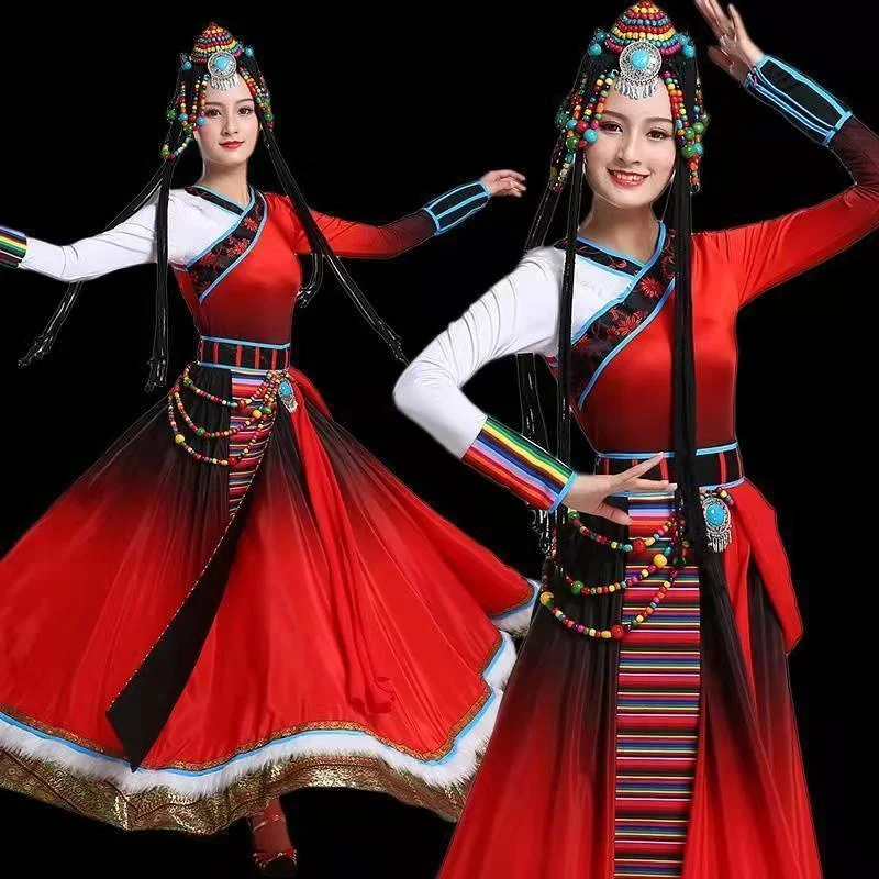 

Chinese Tibet Dance Costumes For Women National Dance Stage Performance Traditional Clothing Red