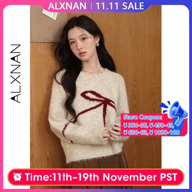 

ALXNAN Apricot Sweater 2025 Autumn Winter Long Sleeve Wool Sweaters Elegant Casual Loose-fit Bow Pattern Pullover Female L57306