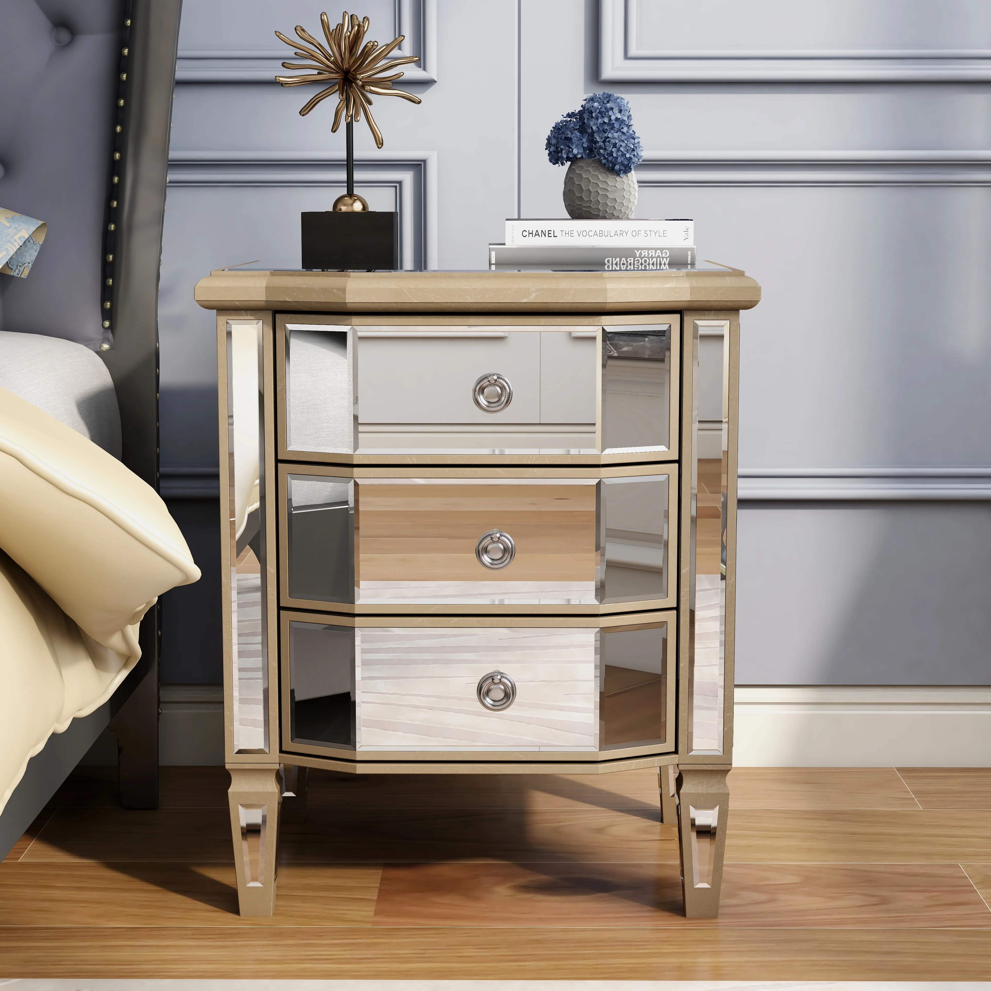 

3-Drawers Vintage Mirrored Glass Nightstand Bedside Table
