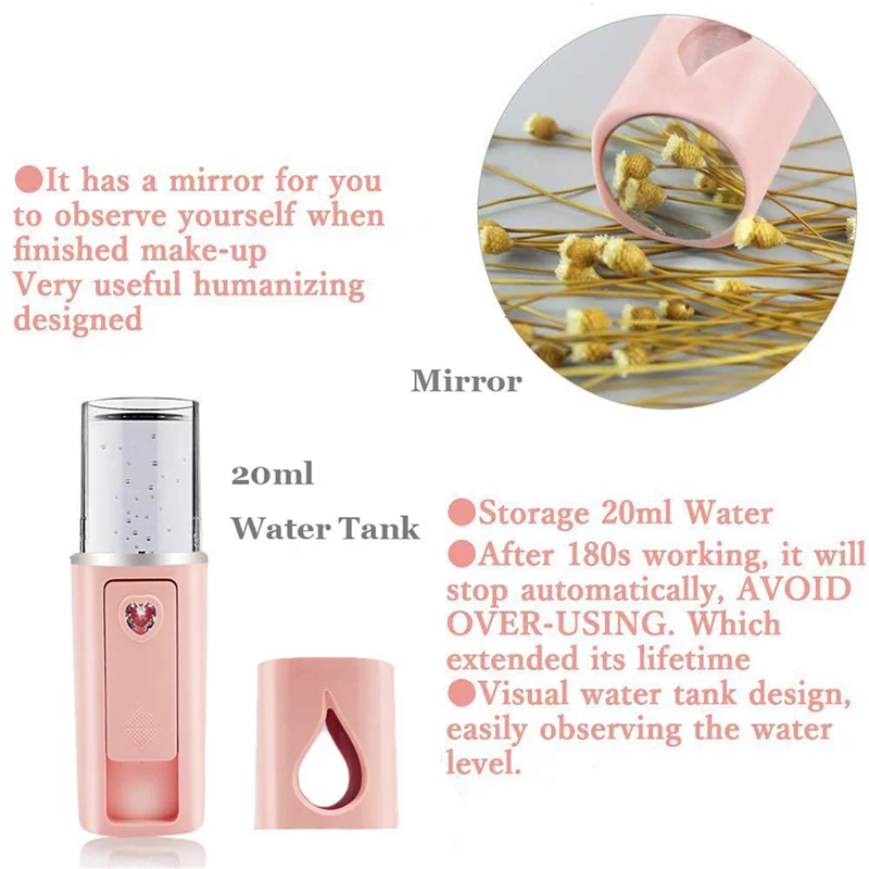 A97G 6X Portable Nano Facial Mister Mini Facial Steamer Atomization Eyelash Extensions With Mirror Pink