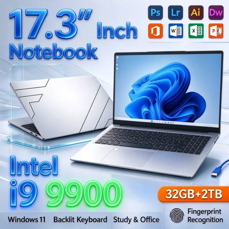 17.3'' Large Display IPS Laptop Intel I9-9900 16GB 32GB RAM 1TB 2TB SSD Win 11 Backlit Keyboard Notebook For Daily Study Office