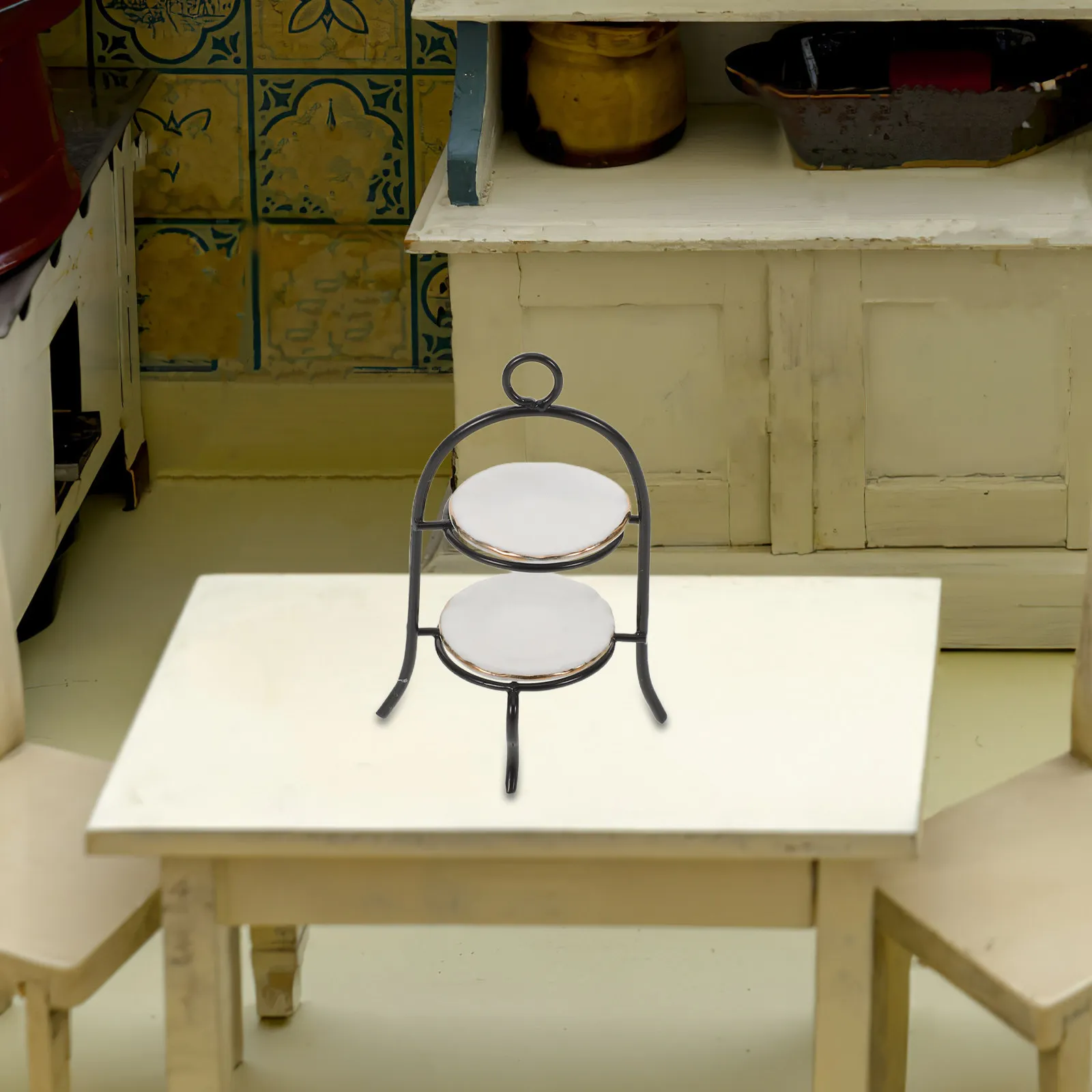 

1Set Miniature 2-Tier Dessert Rack for Dollhouse Kitchen 1:12 Scale Metal Ceramic Cupcake Display Stand Tiny Food Accessories