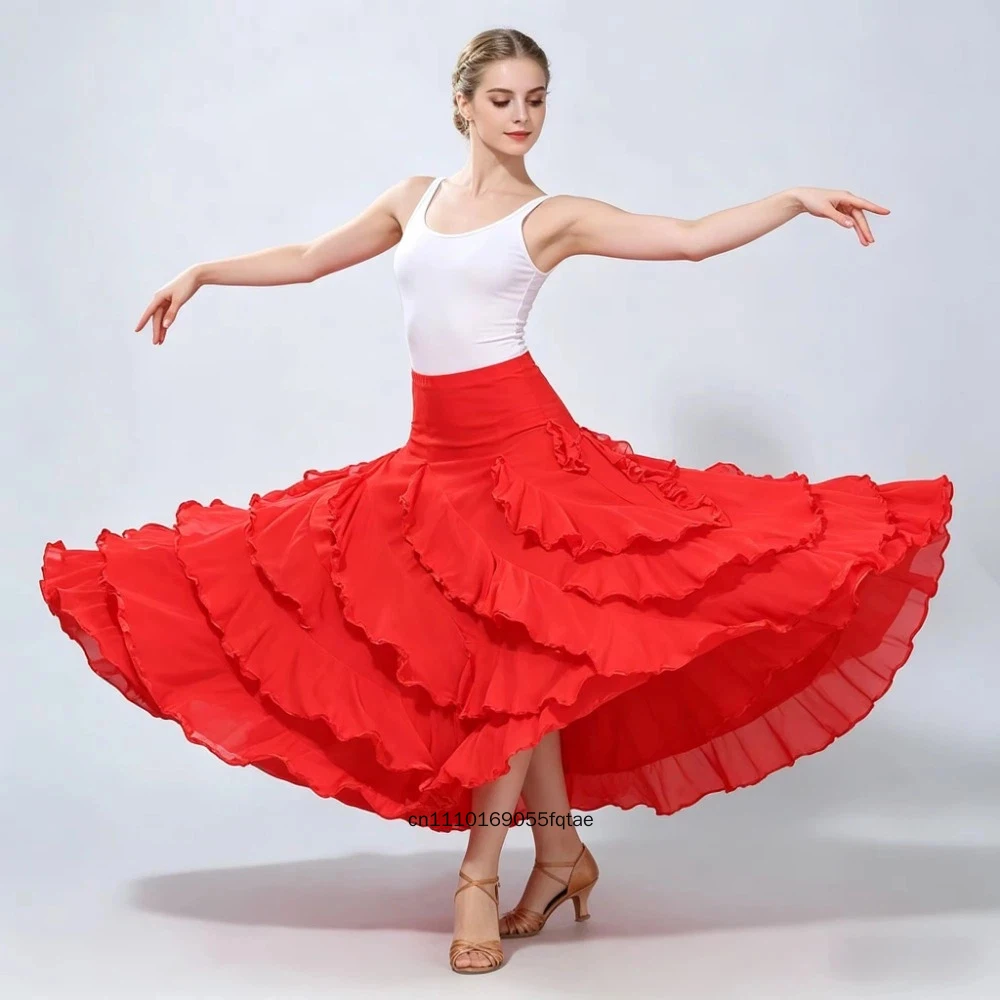 Women Long Swing Ruffle Dance Skirt Modern Ballroom Flamenco Waltz Spanish Dance Costume Large Flowy Practice Performance Skirt