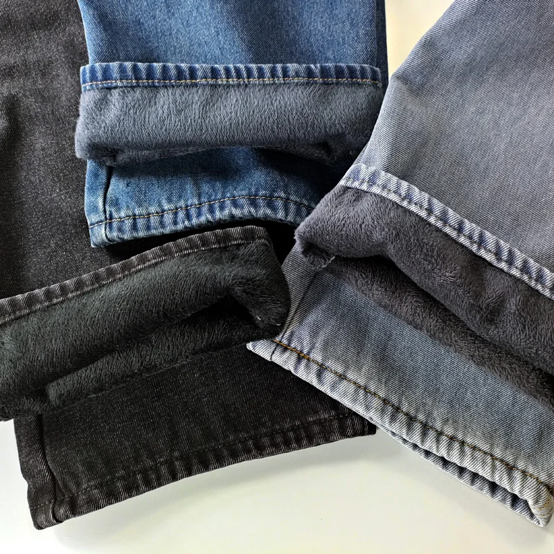 

Утепленные флисовые зимние джинсы мужские свободного прямого кроя со средней посадкой, с эффектом потертости, теплые, оверсайз, повседневные, длинные брюки из денима