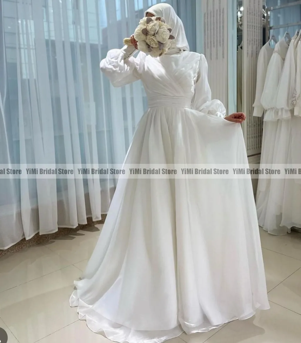 ชุดเจ้าสาว gaun pengantin muslimah 2024เสื้อคอยาวสูงยาวคลุมเข่าแบบยาว