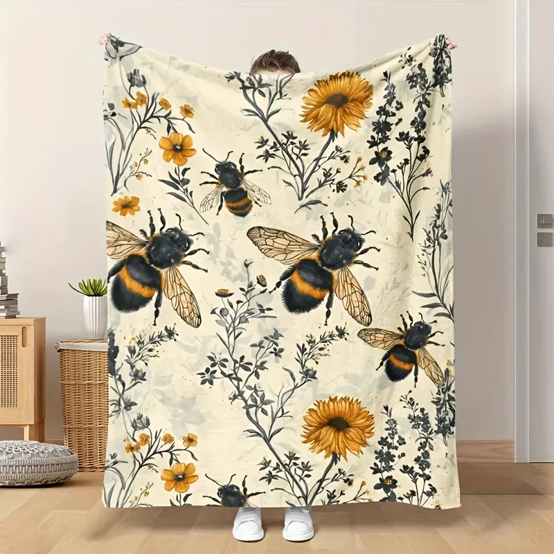 Vintage Wild Flower Bumblebee Throw Blanket for Living Room Sofa Cozy Time Birthday Anniversary Spring Family Memento