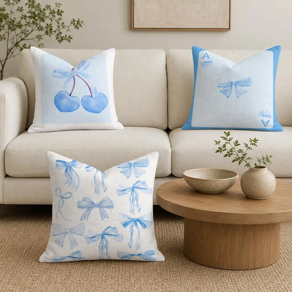 Blue Cherry Bow ACE Cushion Cover Natural Linen Organic Fabric Double-Sided Printing Sofa Home Decor Gift Pillow Cover