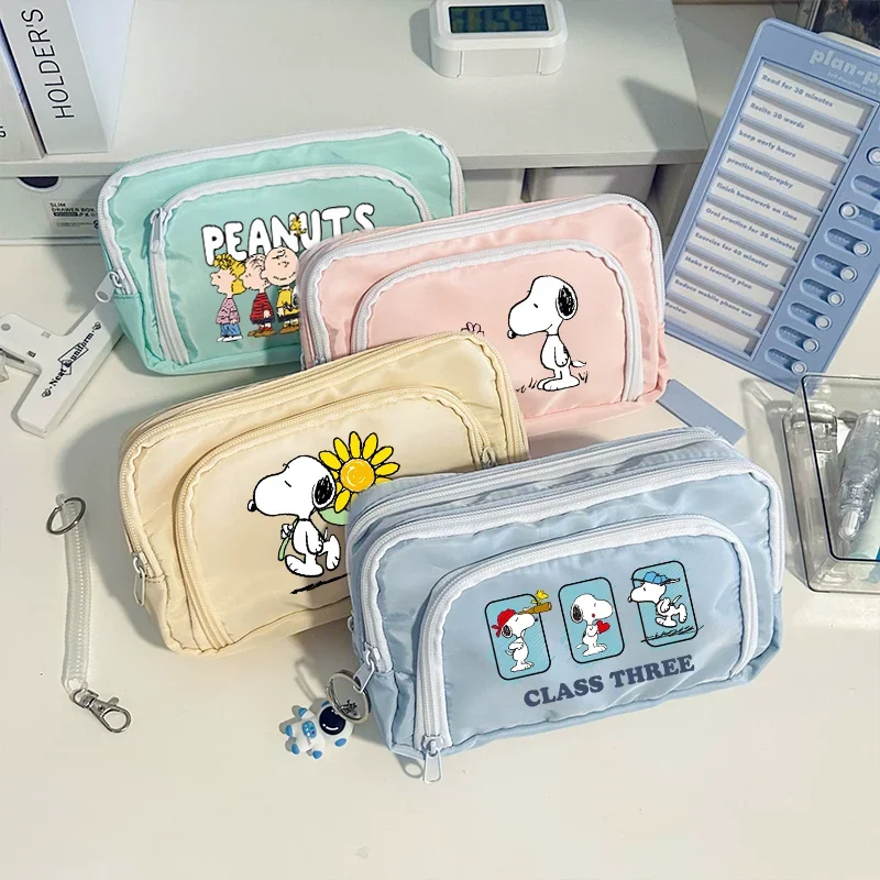 Snoopy Pencil Case 3 Layers Pen Bag Large Capacity Korean Organizer Pouch Student Back To School Supplies Stationery Kids Gift