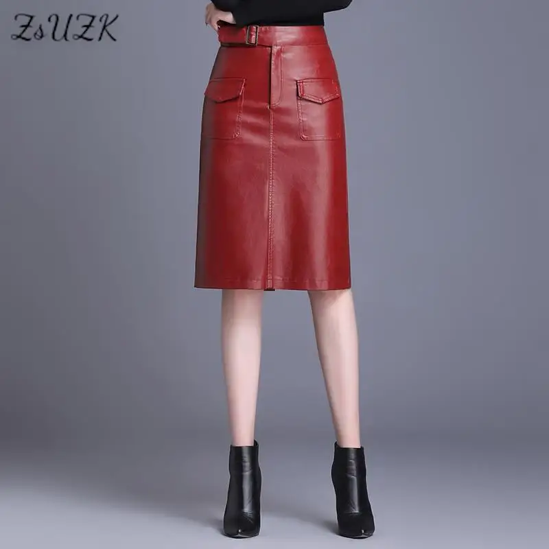 ZUZK Women  Knee Length PU Leather Skirt   Spring Autumn Solid Color Casual Straight Skirts PU Leather Skirts  3 Colors 