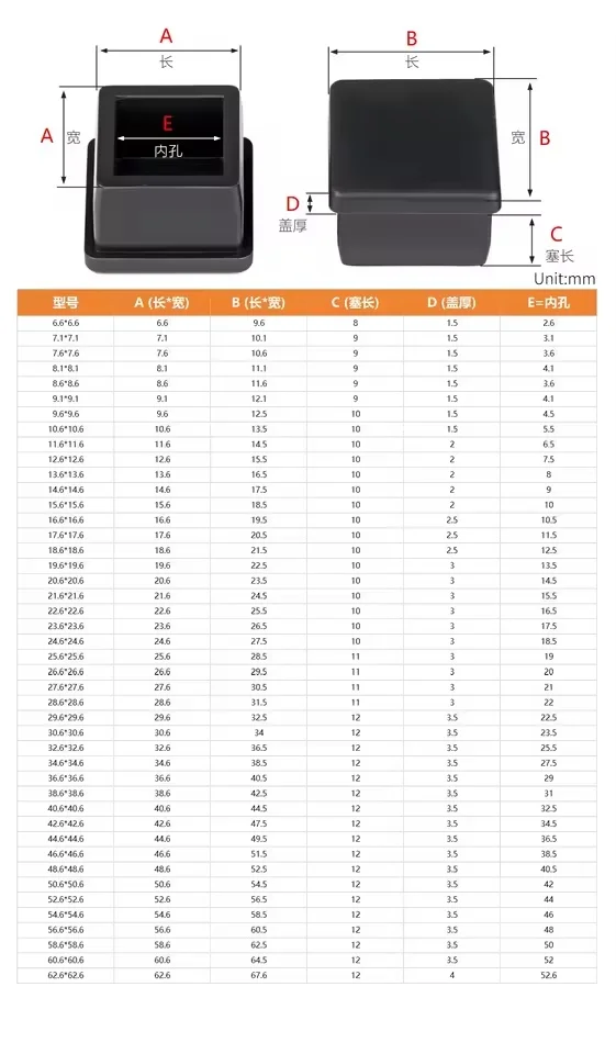 6.6mm~60.6mm Black/White Square Soft Silicone Plug Rubber End Caps T Type Blanking Plug Tube Seal Stopper
