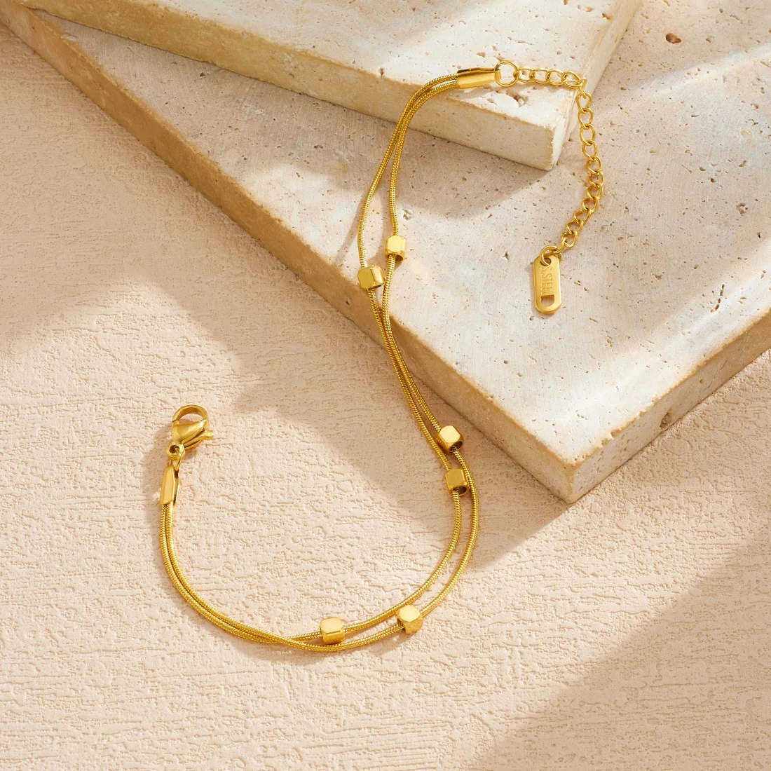 Minimalist Double Strand Snake Chain Bracelet 18K Gold Tiny Square Beads Waterproof Women Stackable Accessories