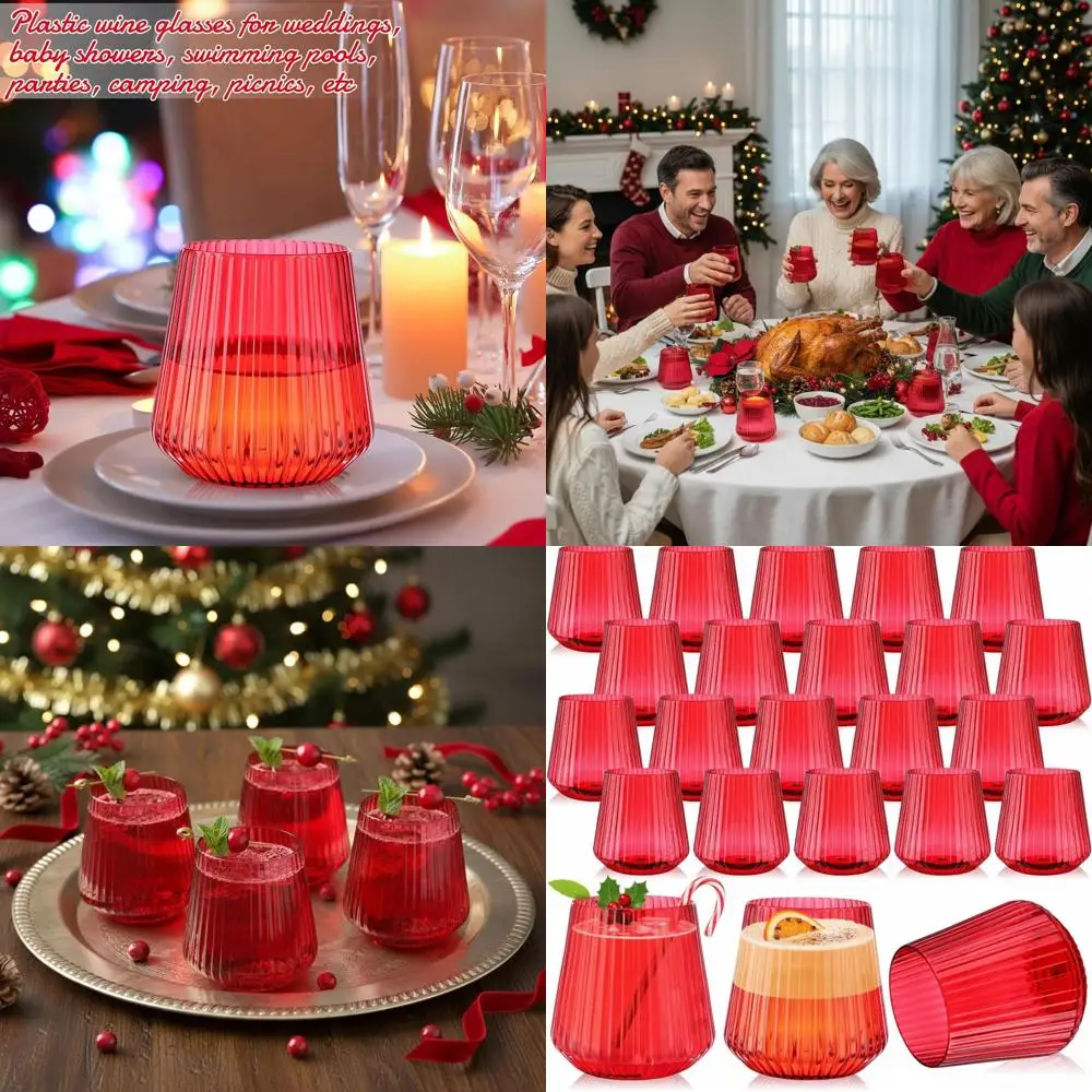 

Ribbed Stemless 14oz Plastic Wine Glasses - Unbreakable, Elegant for Outdoor & Indoor Parties, Weddings, 50 Red Cups