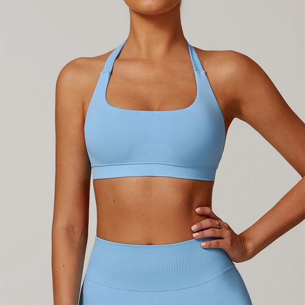 Sport-BH für Damen, nahtloser Neckholder-BH, offener Rücken, Yoga-Top, mittlere Unterstützung, Fitnessstudio, bauchfreies Top, gepolsterte Sportbekleidung, Laufen, sexy Unterwäsche