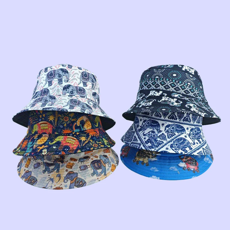 

Reversible Elephant Pattern Bucket Hat Double-Sided Design UPF Sun Protection Adjustable Fisherman Cap for Beach Travel