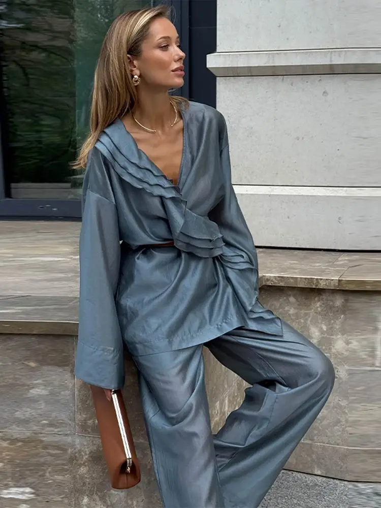 V-Ausschnitt Rüschen Schnürbluse Hosen 2-teiliges Set Damen Sexy Langarm Lockere Bluse Weite Hosen Schicke Damen Outfits Neu – Detail 25