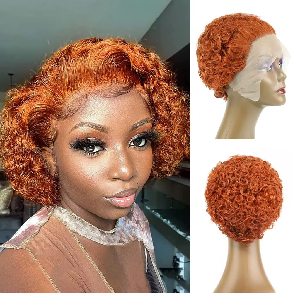 Pixie Cut Bob corto Color naranja jengibre rizado 13x4 HD encaje Frontal 100% pelucas de cabello humano con pelo de bebé