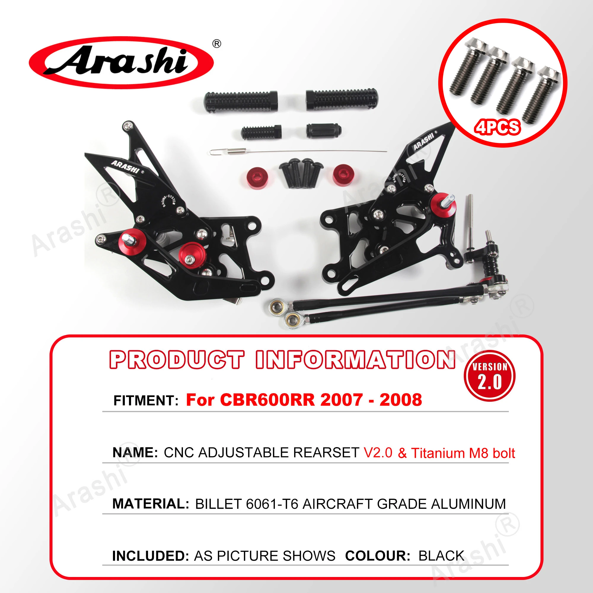 Arashi CNC verstellbare Fußstützen für Honda CBR600RR 2003–2025, Fußrasten, Fahrer-Fußrastenanlage, CBR 600, CBR600 RR 2008 2009 2010 2011