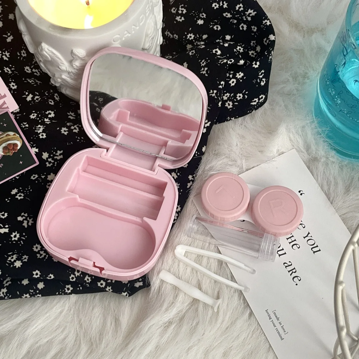 لطيف القط الكتابة على الجدران صندوق العدسات اللاصقة رفيق صندوق الرعاية عدسات لاصقة حافظة العدسات اللاصقة المحمولة مع مرآة وملقط