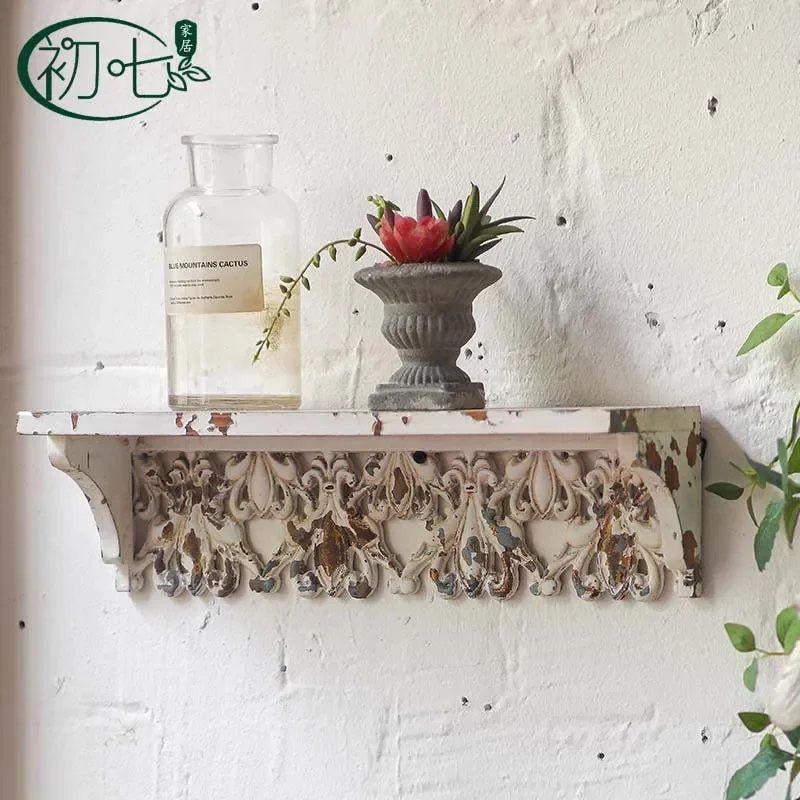 Antique Carved Wall Rack for Living Room and Cafe Decor Small Flower Pot Shelf Vintage Wall Mounted Plant Holder Display