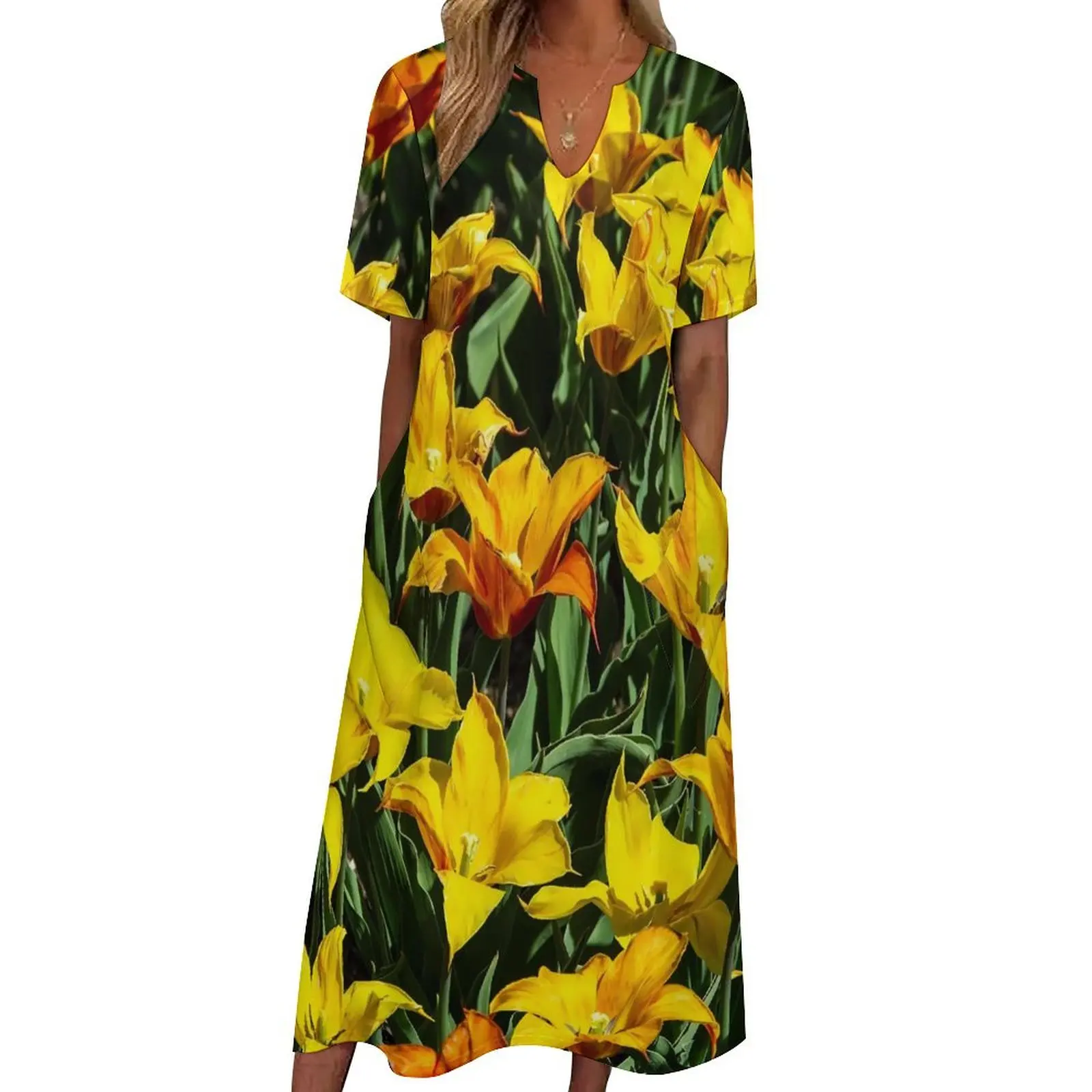 Lily Floral Tulips Dress Flower Print Sexy Maxi Dress Streetwear Bohemia Long Dresses Summer V Neck Graphic Clothes Big Size 5XL