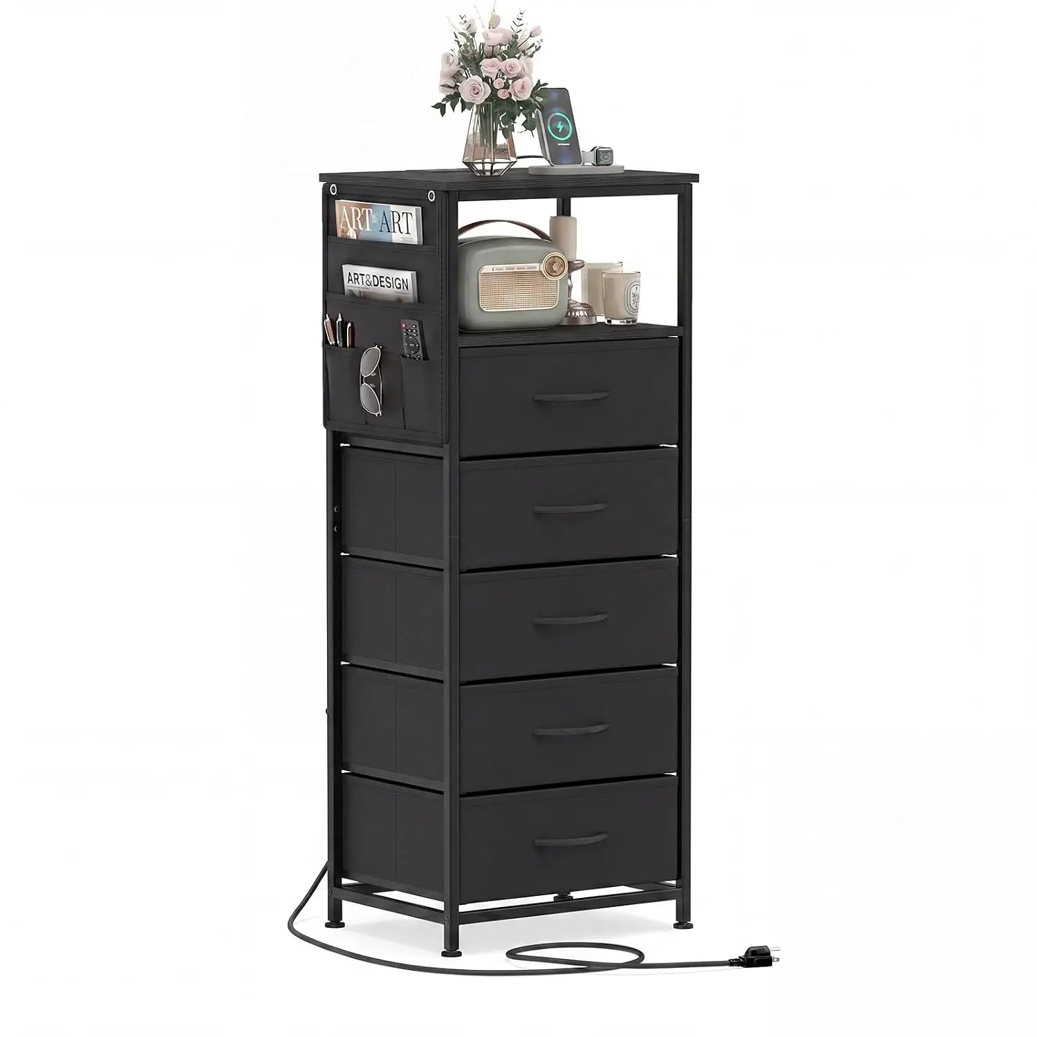 Tall Nightstand with Charging Station, 5 Fabric Drawers & Open Shelf, AC Outlets USB Type-C Ports Bedroom, Customized