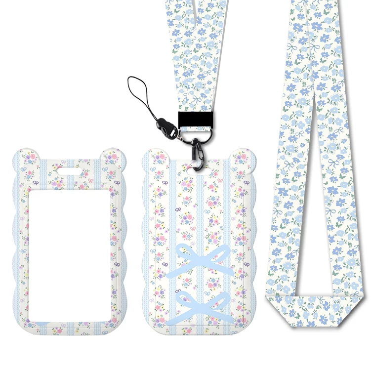 Blue Floral Fresh Card Holder Neck Strap Student Bus Plastic Lanyard Accessory Public Transport ID Card Holder Plastic Card Hold