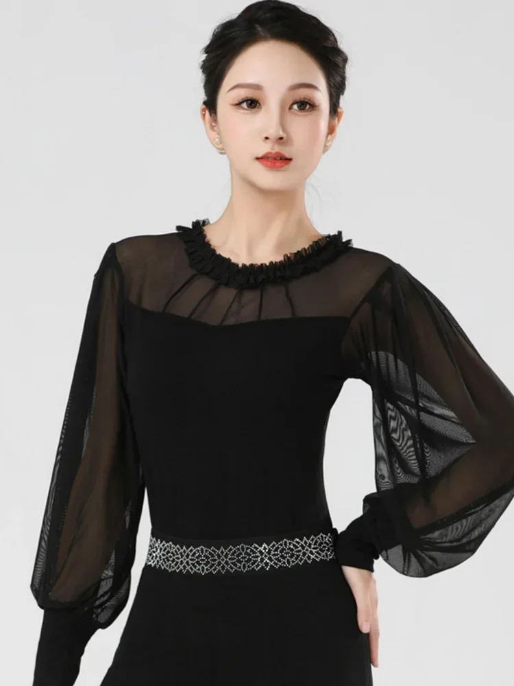 Mesh Patchwork Latin Dance Practice Suit Ballroom Belly Costume Long Sleeves Top Women Waltz Classical Line New Rhinestones Pant