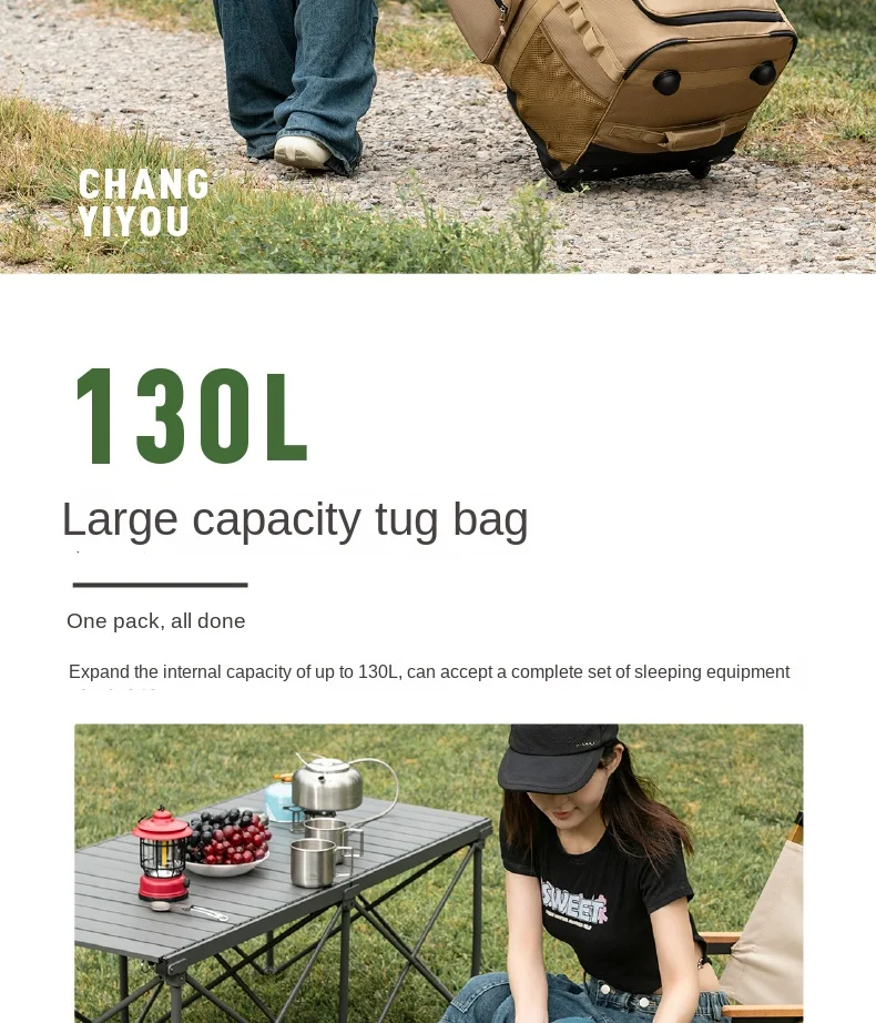 130L Outdoor-Trolley-Rucksack mit großem Fassungsvermögen, verdickte Aufbewahrungstasche mit Rädern, komplettes Set für Picknick- und Campingausrüstung – Detail 16